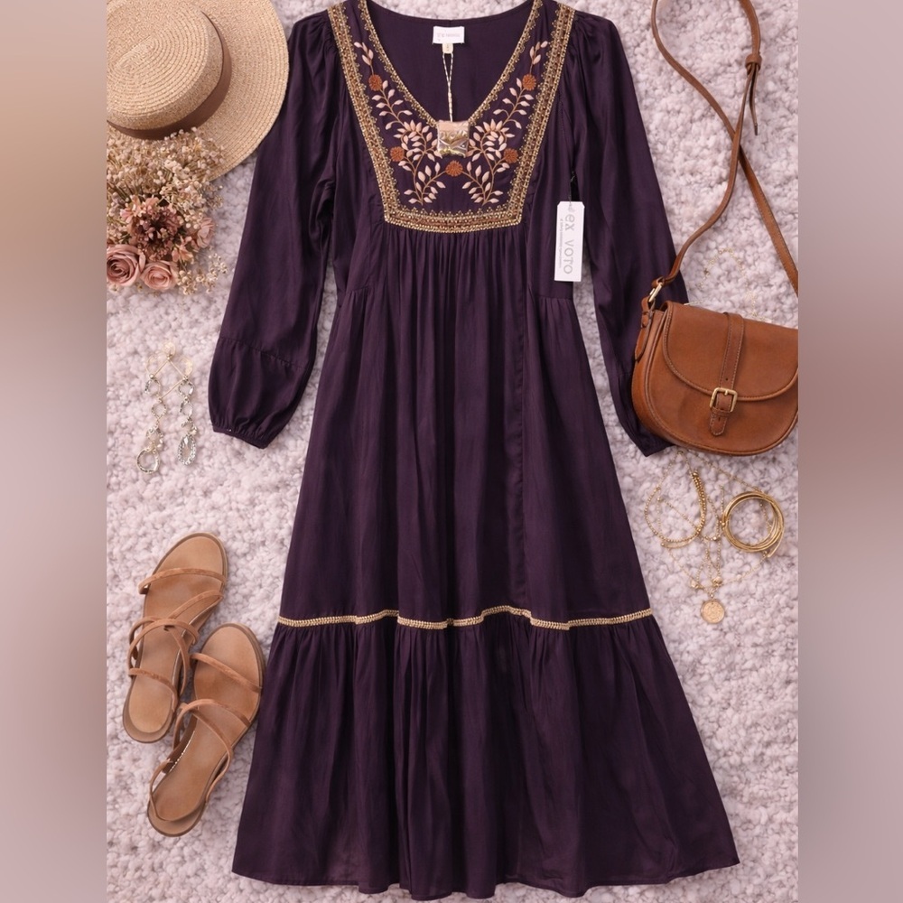 Ex Voto Purple Boho Midi Dress Size Small NWT Cottagecore Festival